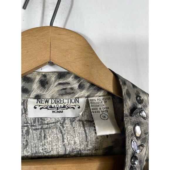 New Direction Tunic 1X Flowy Black Silver Gray Mixed Animal Print Boho Vintage - Picture 12 of 15